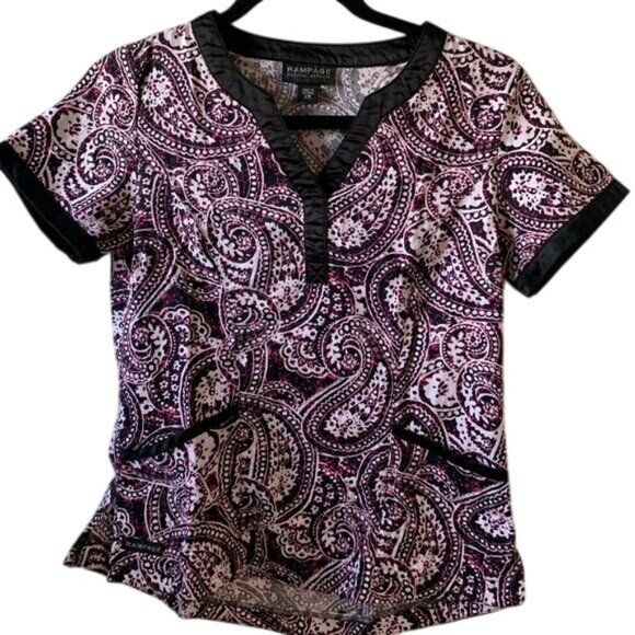 Rampage Womens Paisley Print Scrub Top & Black Pants Set S Cotton Blend - Picture 2 of 15